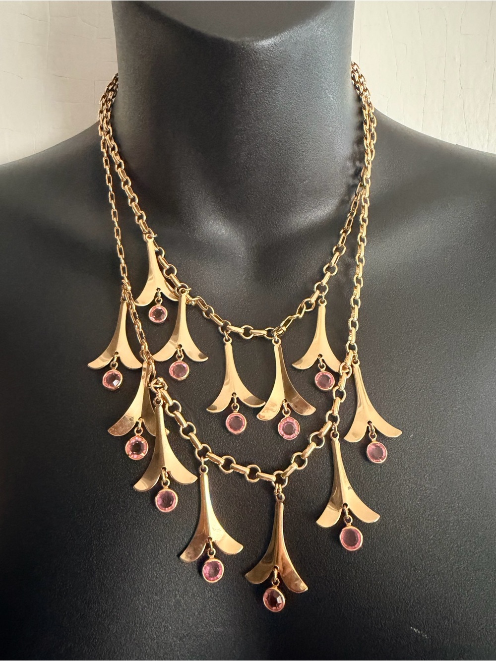 Vintage Gold Multi-Tier Floral Drop Necklace with Pink Stones
